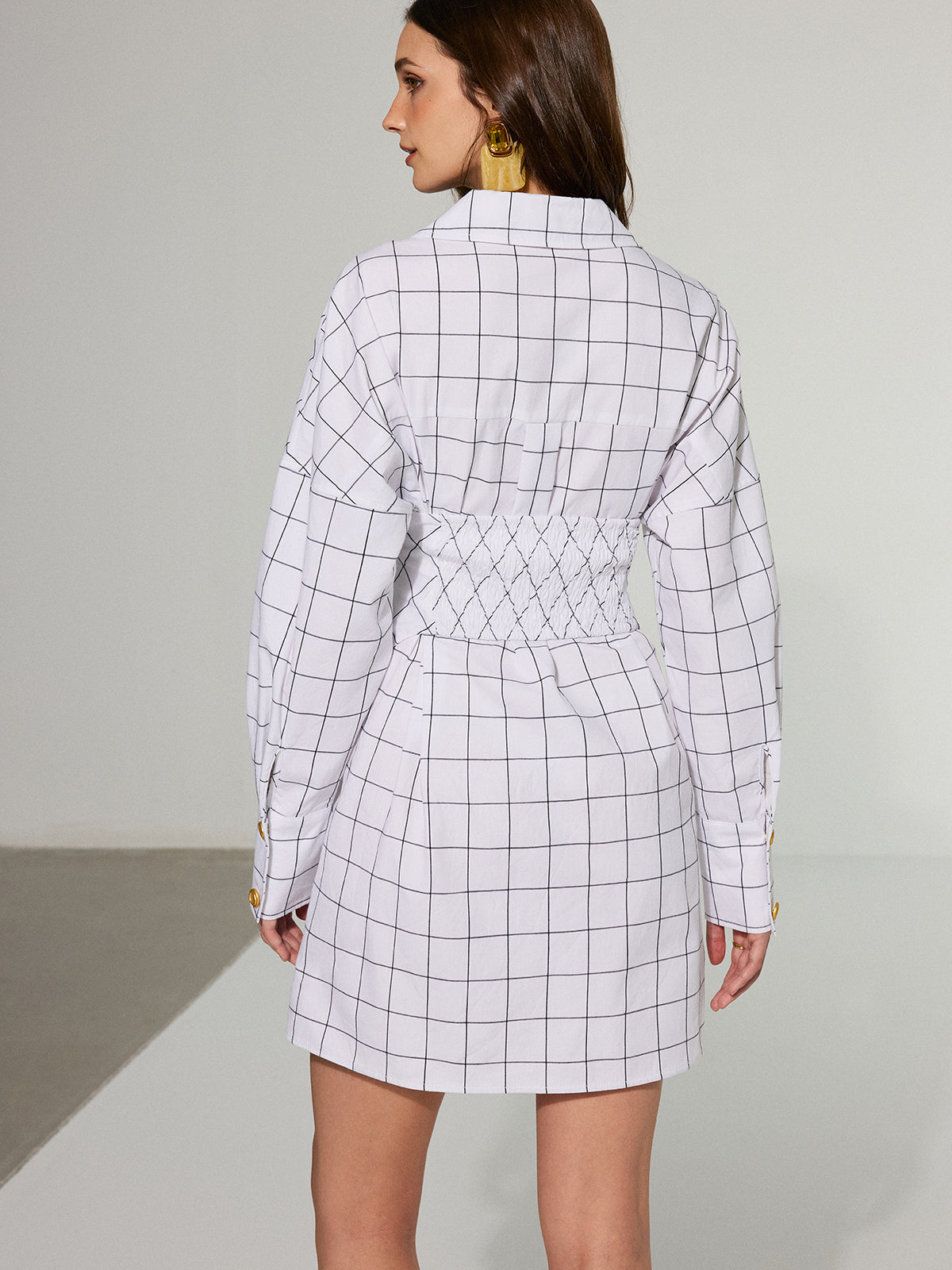 Metal Button Checked Cotton Shirt Dress-Chicvia