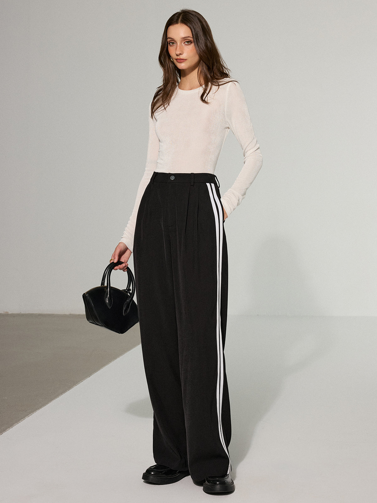 Casual Side Stripe Wide-Leg Pants-Chicvia