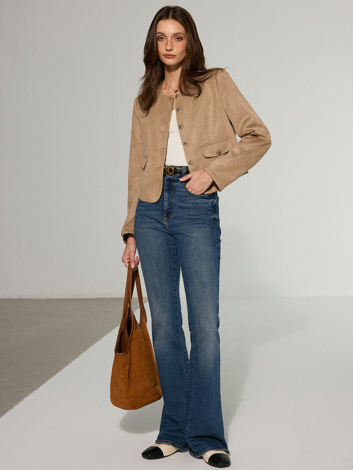 Metal Button Suede Effect Blazer-Chicvia