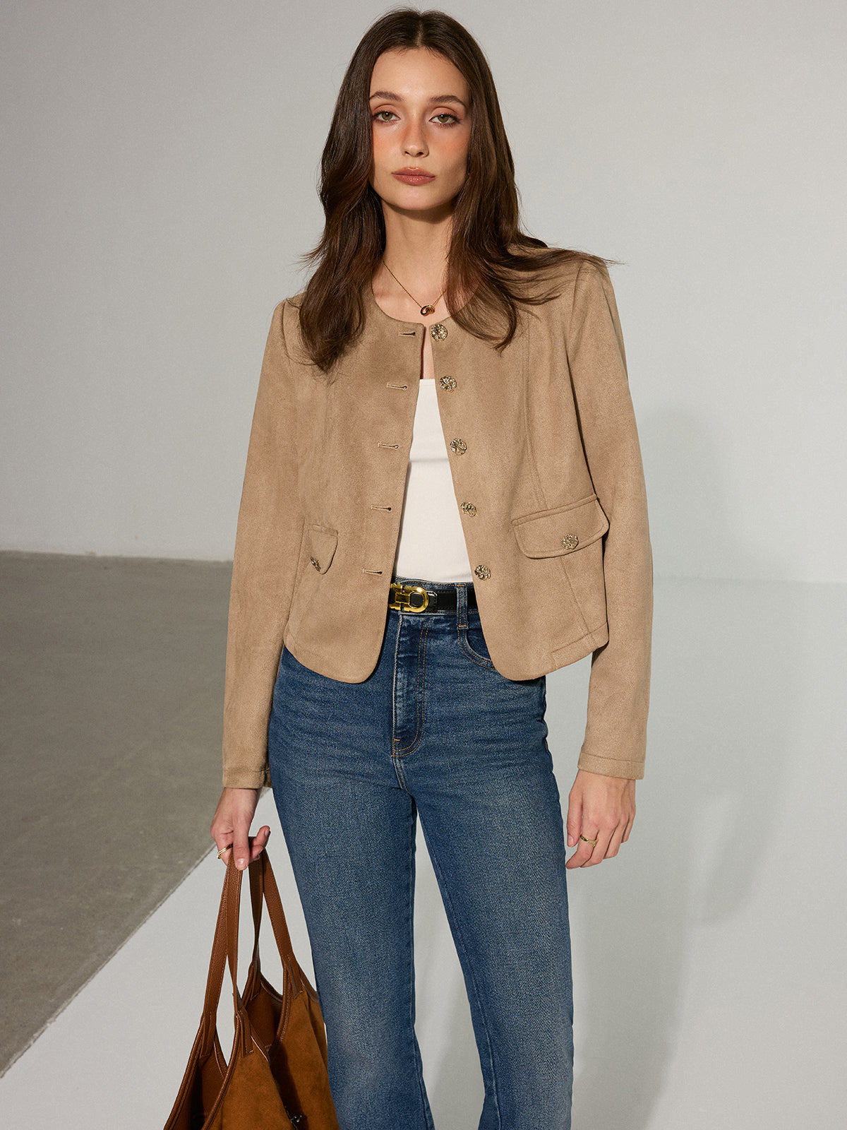 Metal Button Suede Effect Blazer-Chicvia