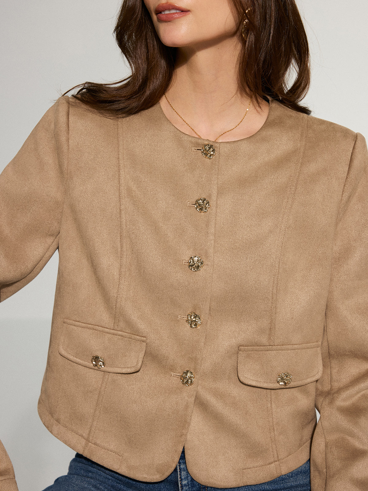 Metal Button Suede Effect Blazer-Chicvia