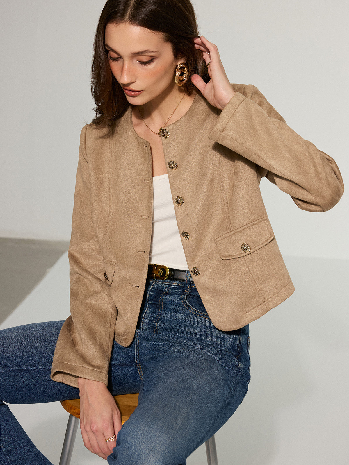 Metal Button Suede Effect Blazer-Chicvia