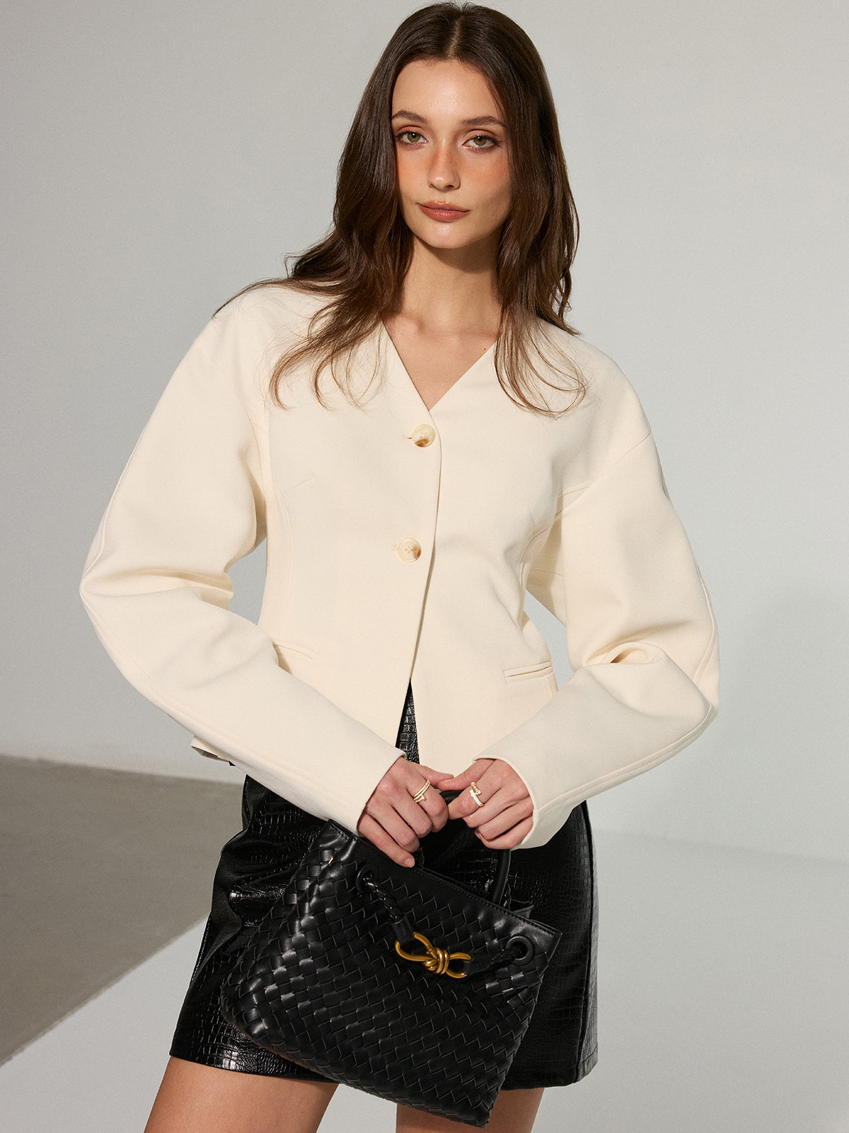 Drop-Shoulder V-Neck Blazer-Chicvia