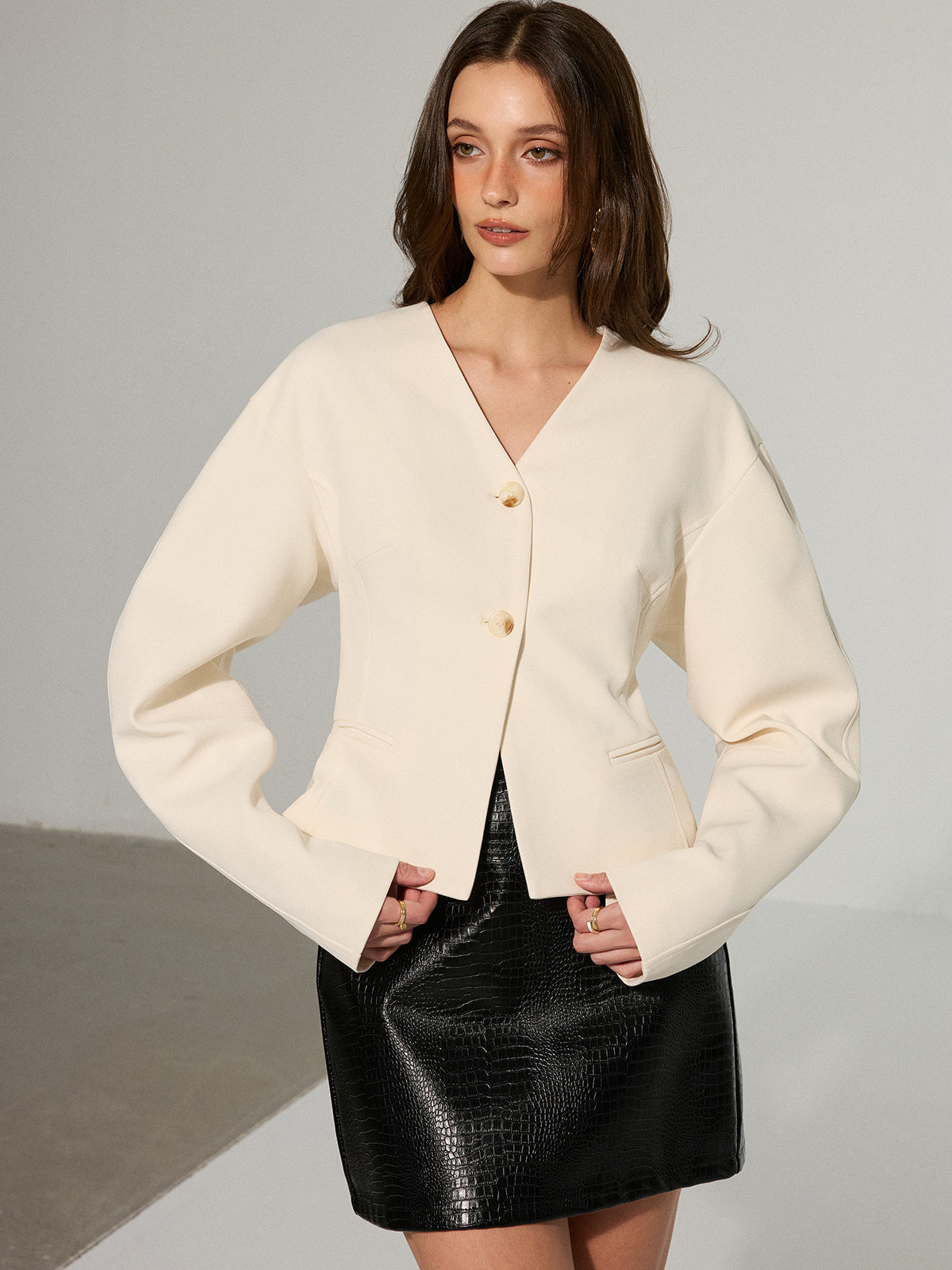 Drop-Shoulder V-Neck Blazer-Chicvia