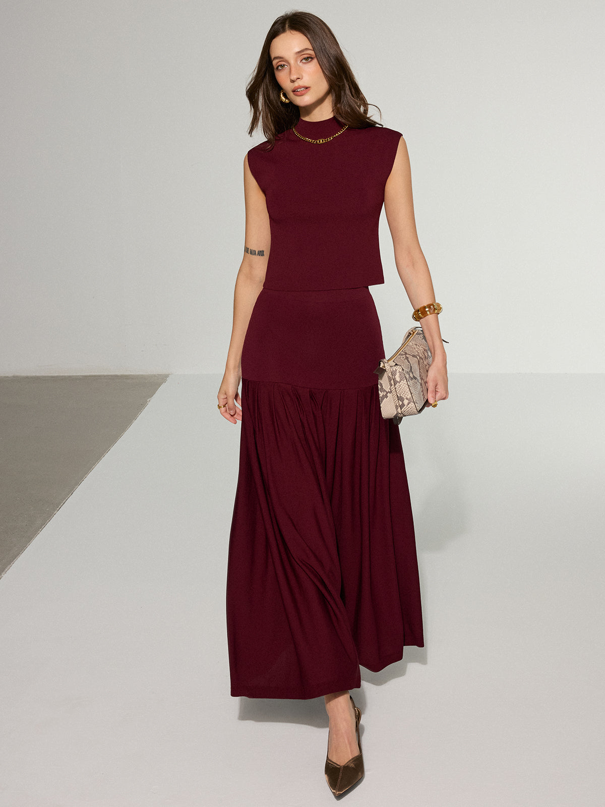 Mock Neck Sleeveless Top and Pleated Midi Skirt Set-Chicvia