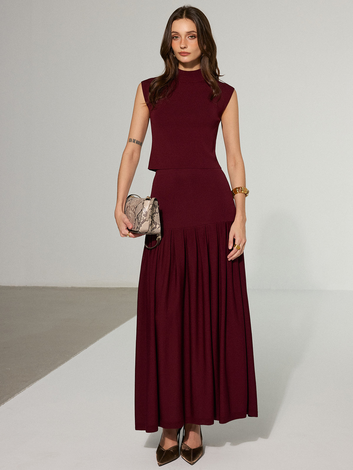 Mock Neck Sleeveless Top and Pleated Midi Skirt Set-Chicvia