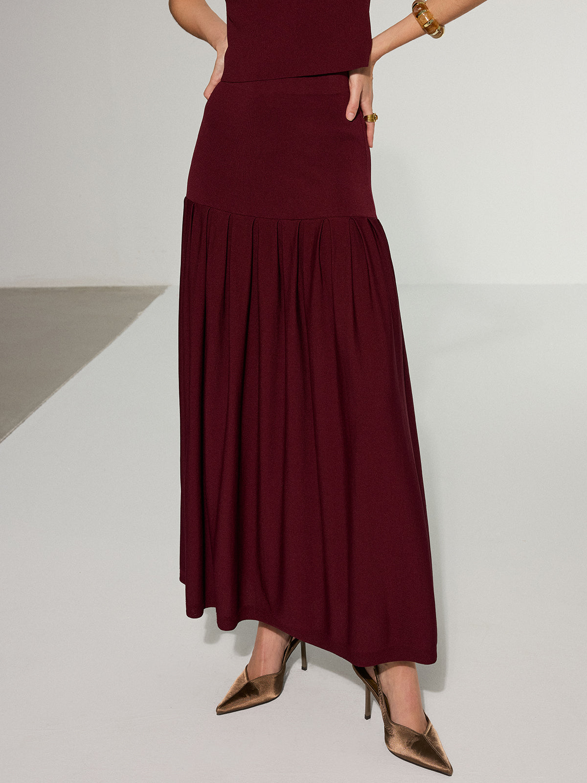 Mock Neck Sleeveless Top and Pleated Midi Skirt Set-Chicvia