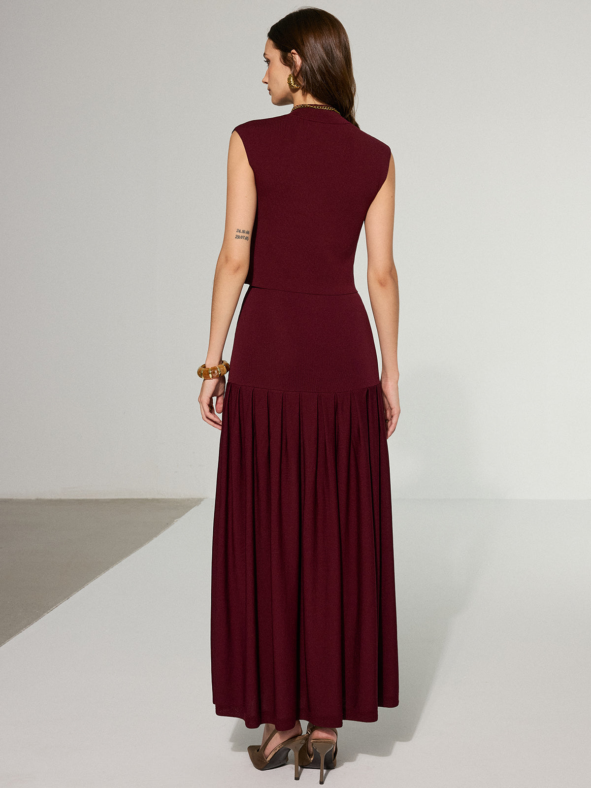 Mock Neck Sleeveless Top and Pleated Midi Skirt Set-Chicvia