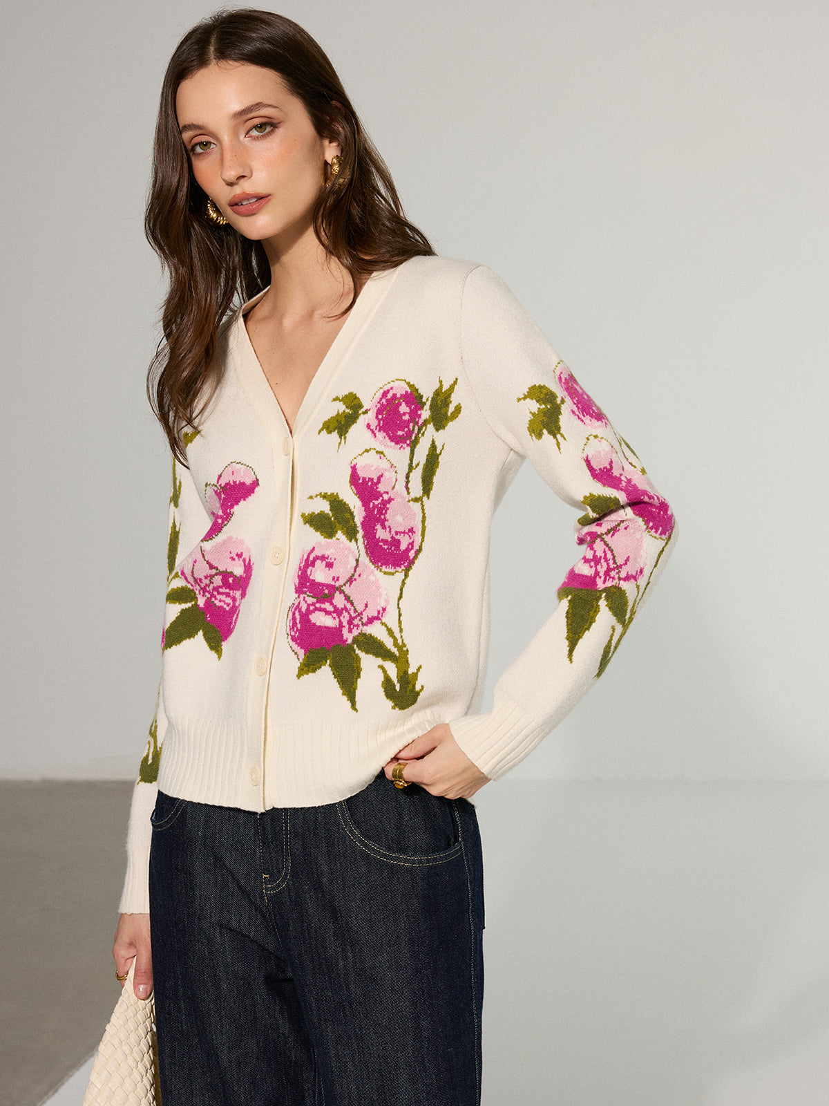 Floral V-Neck Button-Front Cardigan-Chicvia