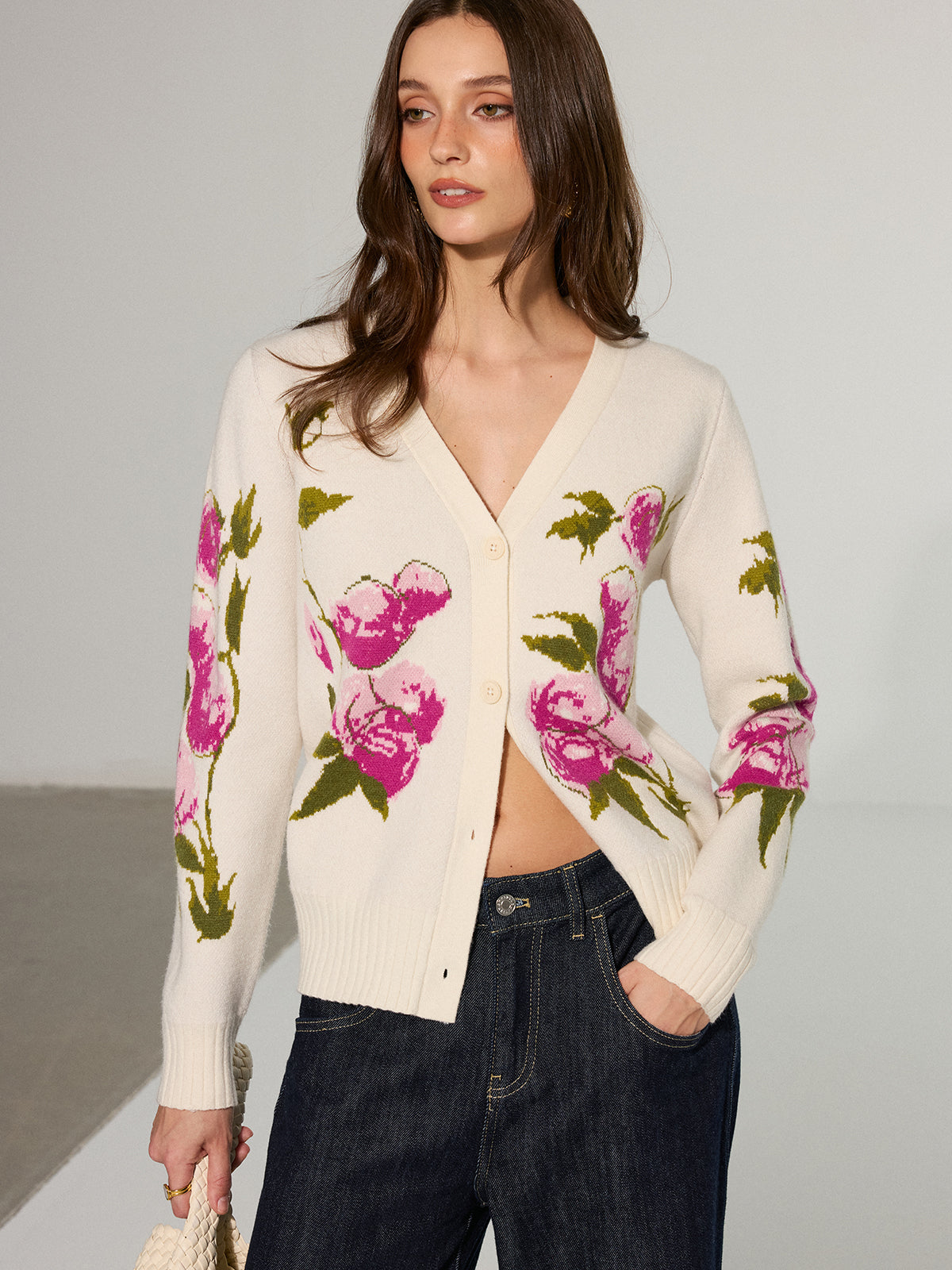 Floral V-Neck Button-Front Cardigan-Chicvia