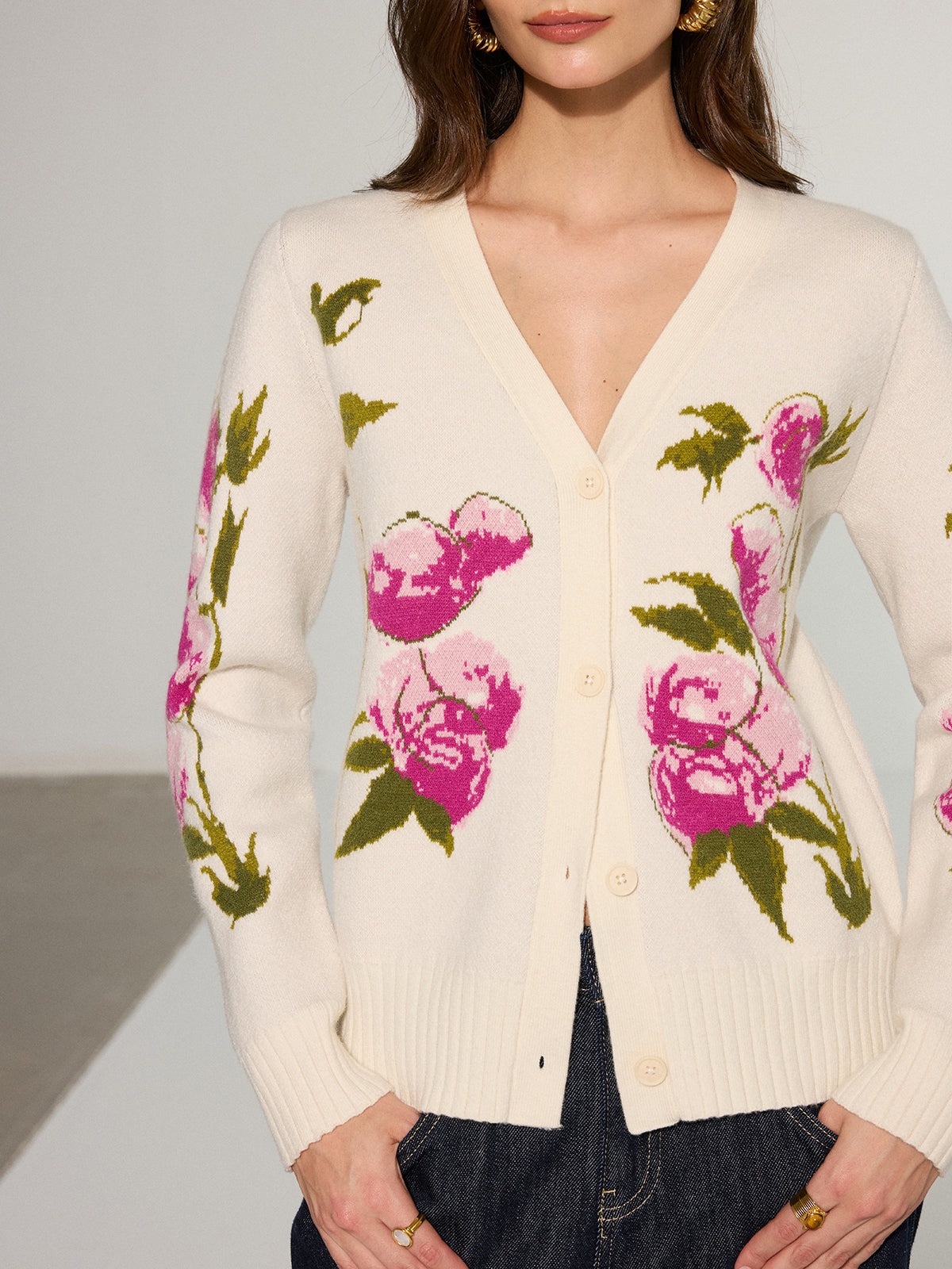 Floral V-Neck Button-Front Cardigan-Chicvia