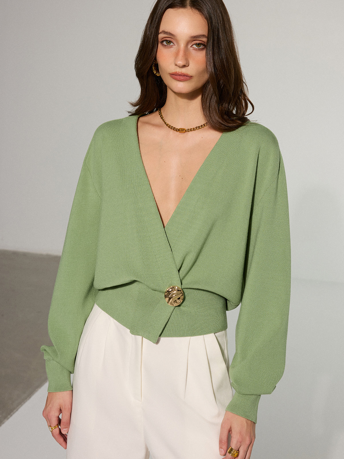 Metal Decor Waisted Knitted Wrap Cardigan-Chicvia