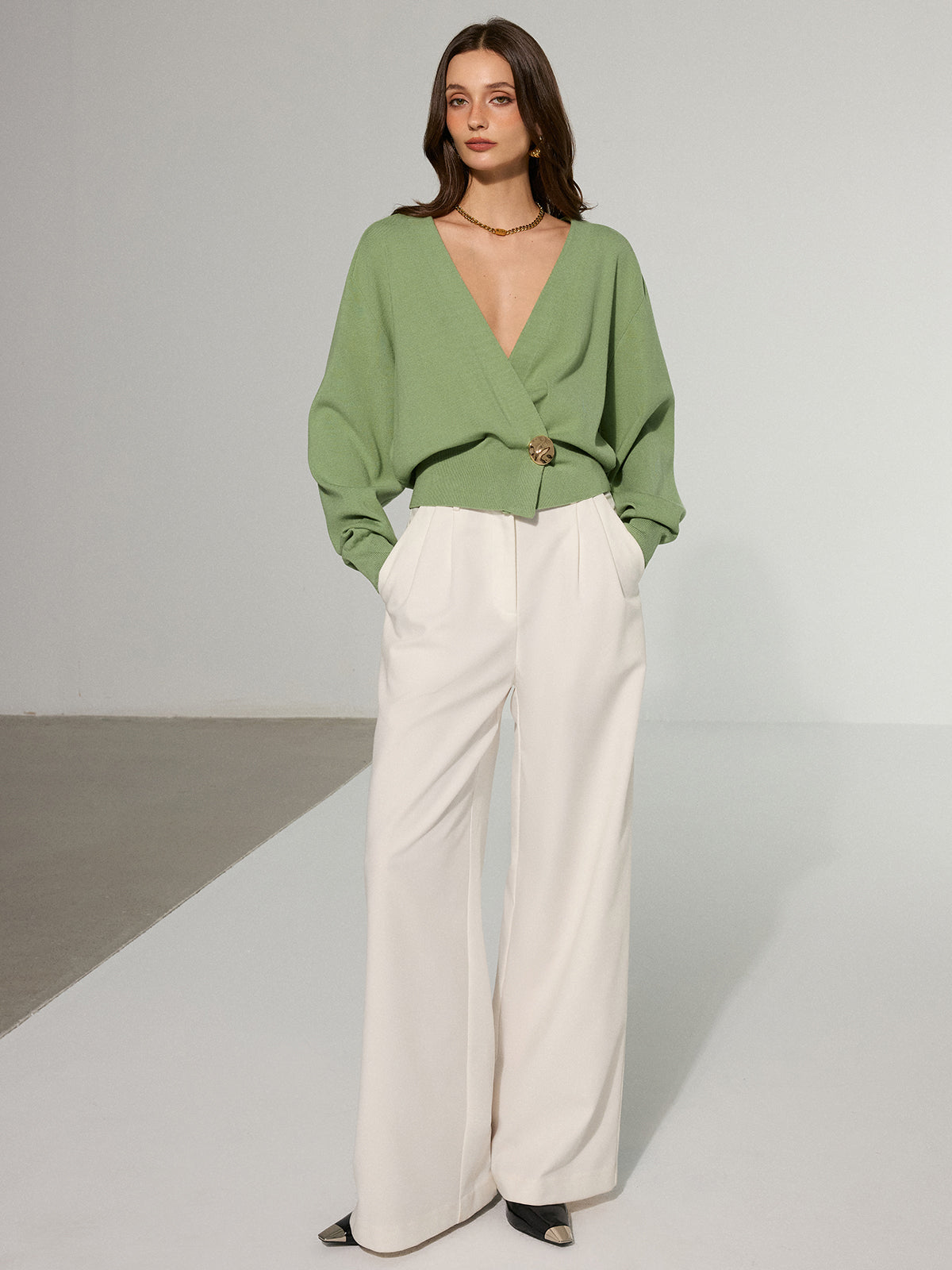 Metal Decor Waisted Knitted Wrap Cardigan-Chicvia