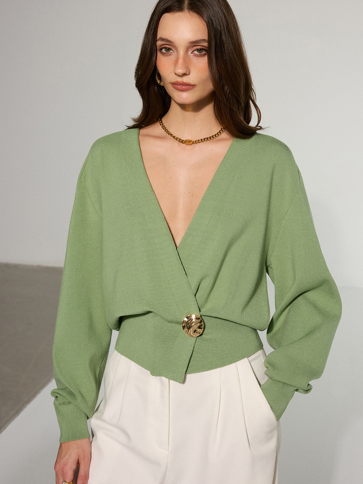 Metal Decor Waisted Knitted Wrap Cardigan-Chicvia