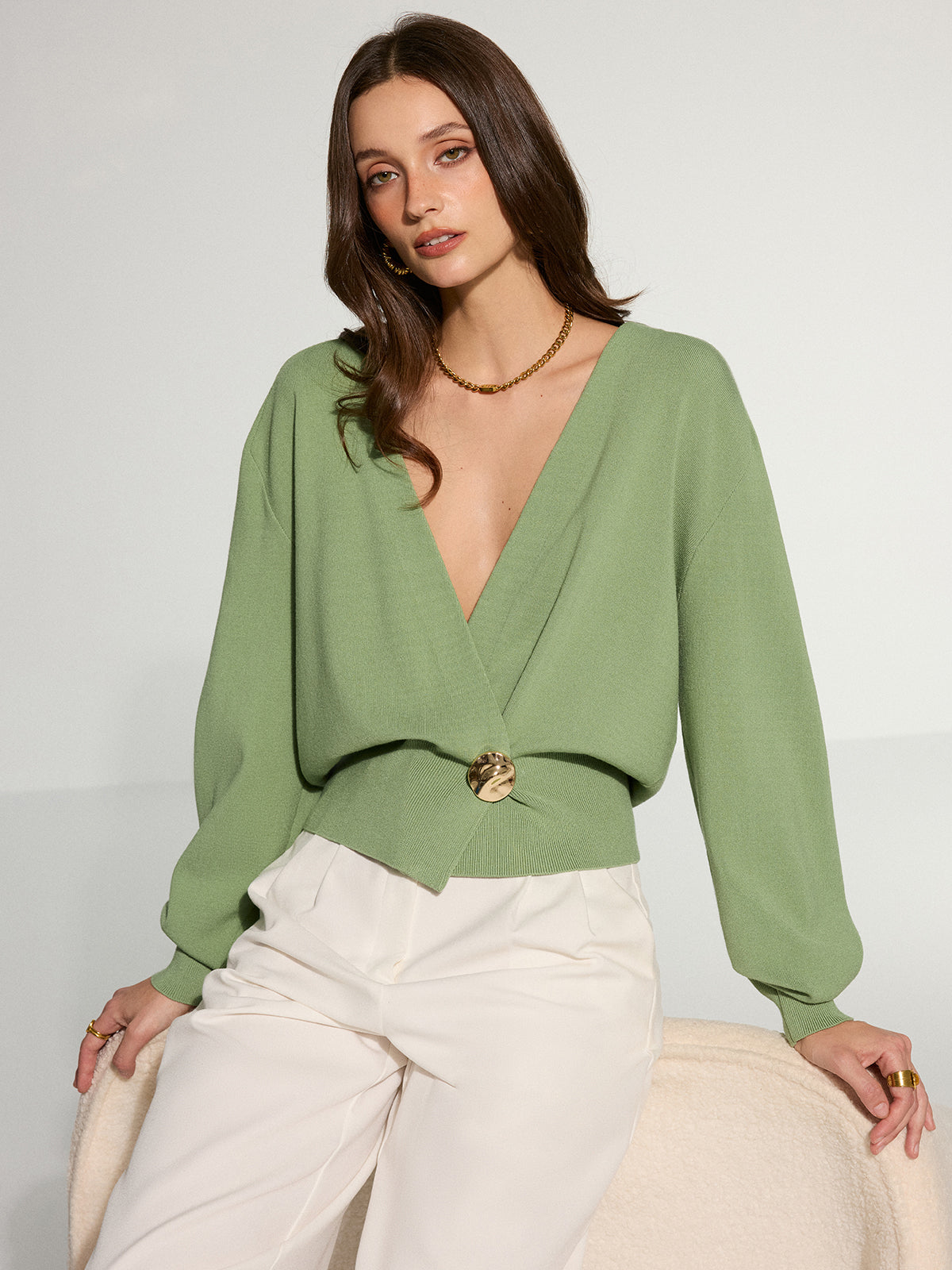 Metal Decor Waisted Knitted Wrap Cardigan-Chicvia