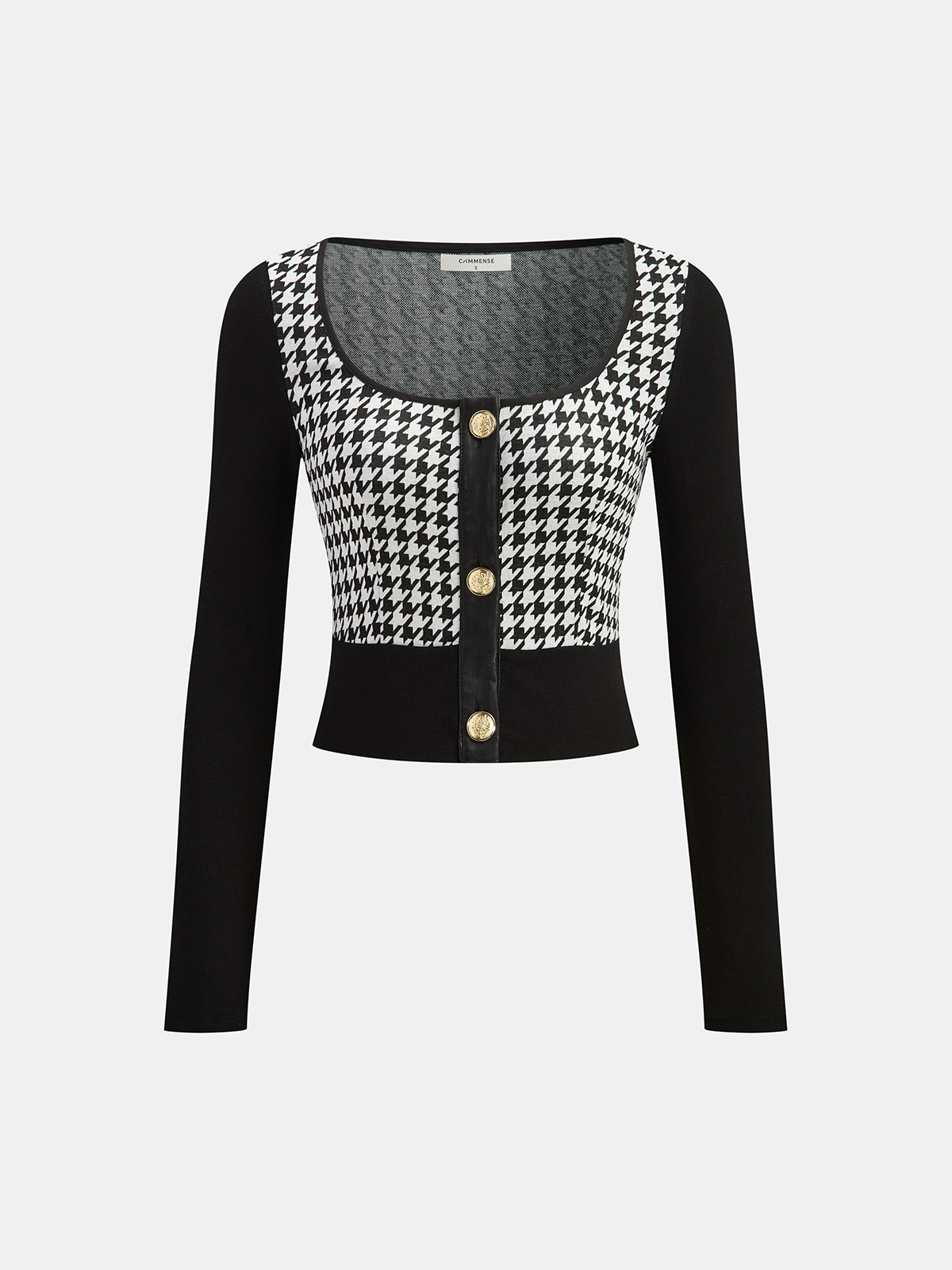 Houndstooth Paneled Cropped Knit Blouse-Chicvia