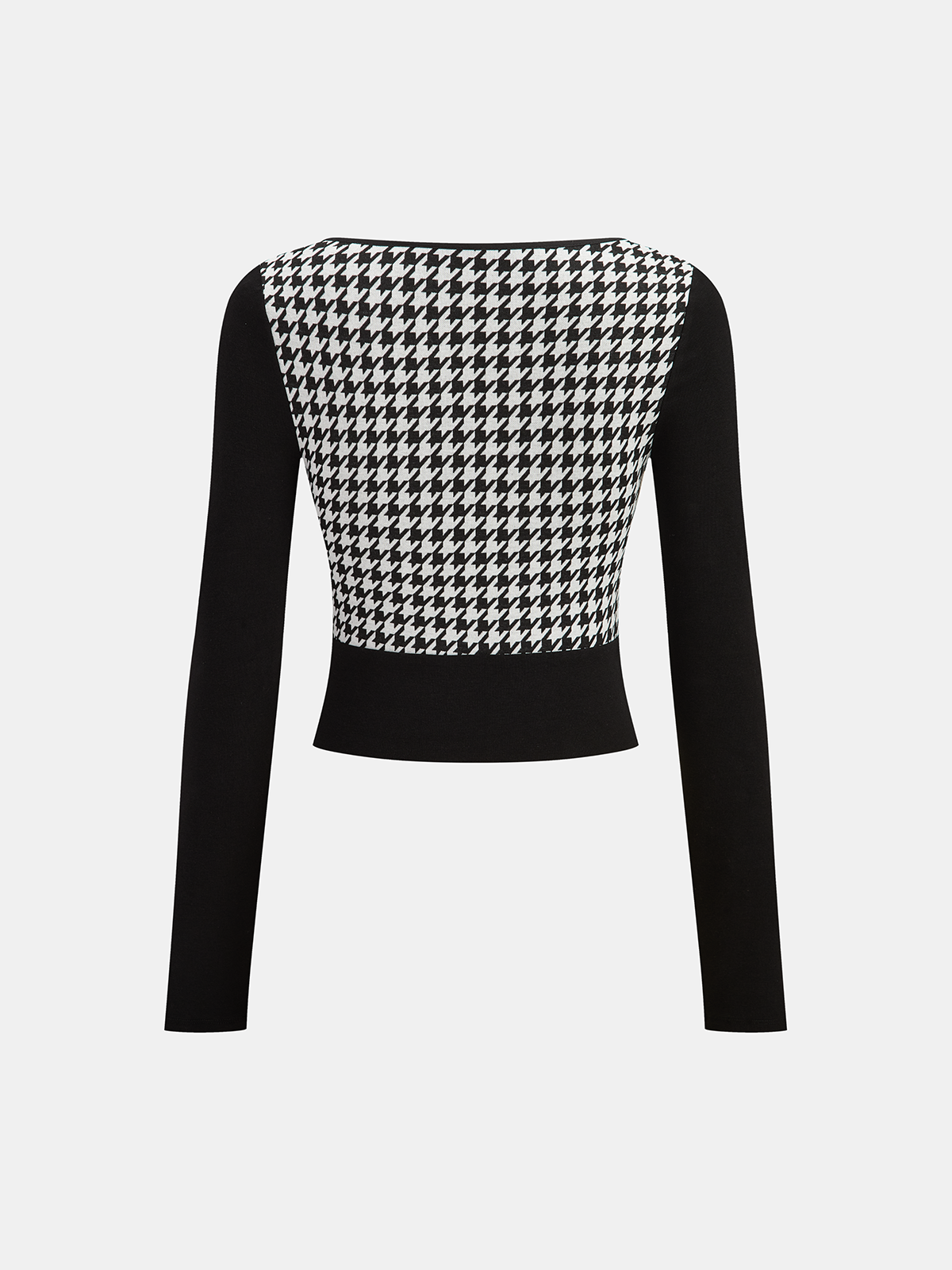 Houndstooth Paneled Cropped Knit Blouse-Chicvia