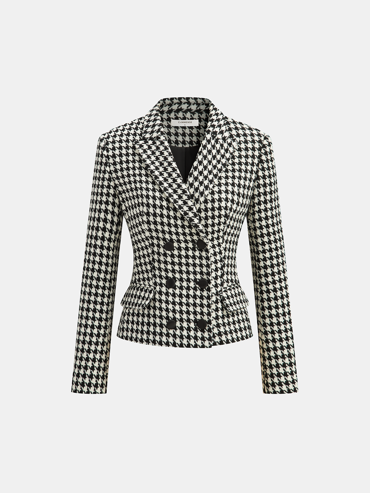 Houndstooth Tweed Double-Breasted Blazer-Chicvia