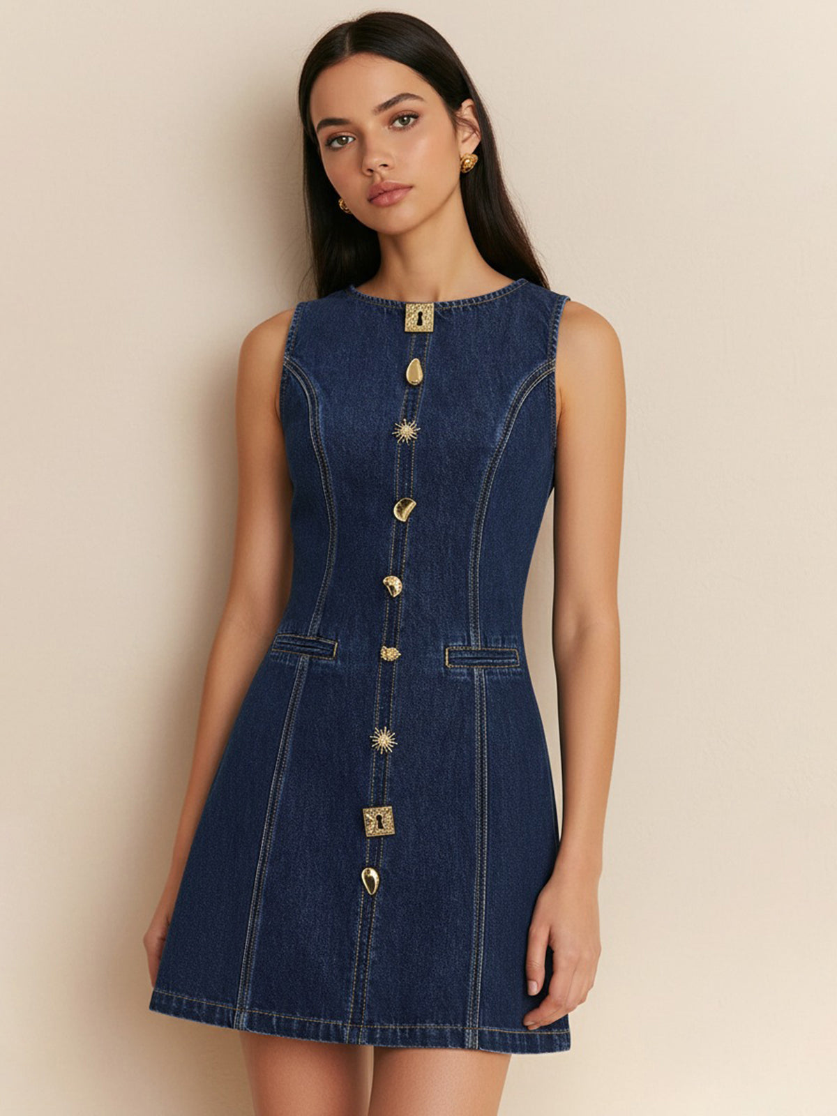 Metal Detail Denim Sleeveless Mini Dress-Chicvia