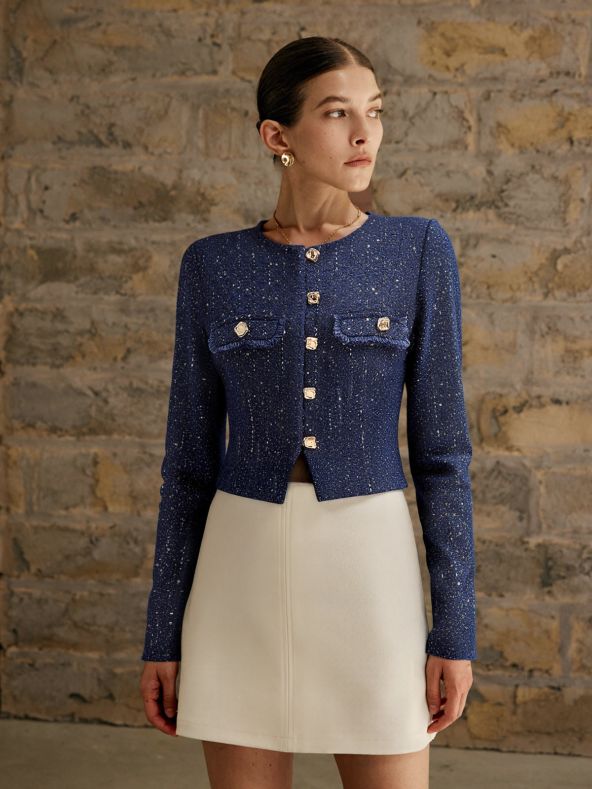 Metal Button Sequin Tweed Blazer-Chicvia