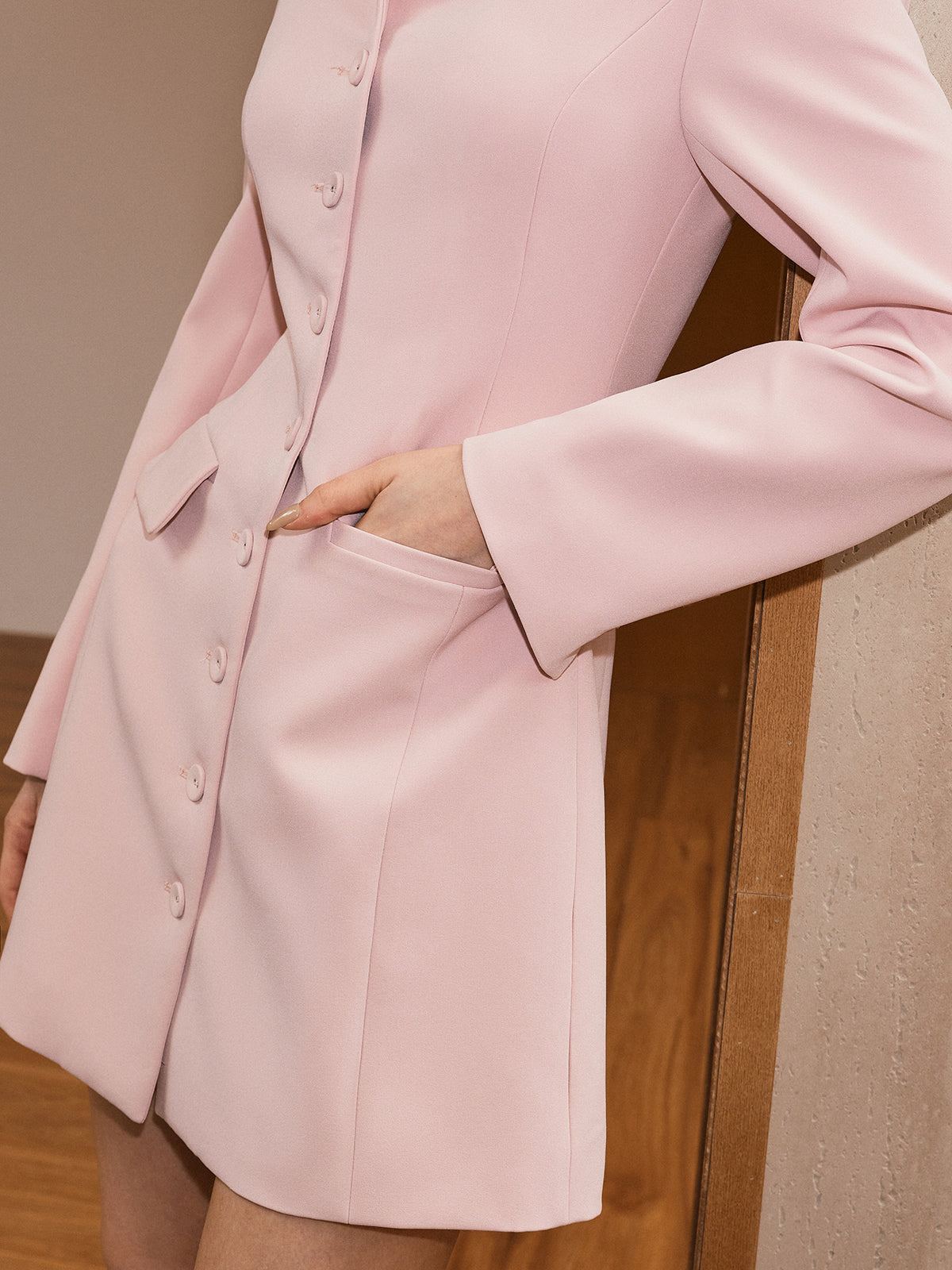 Button-Front Pocket Blazer Dress-Chicvia