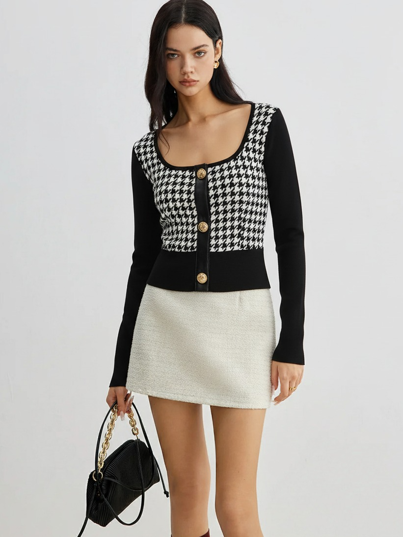 Houndstooth Paneled Cropped Knit Blouse-Chicvia