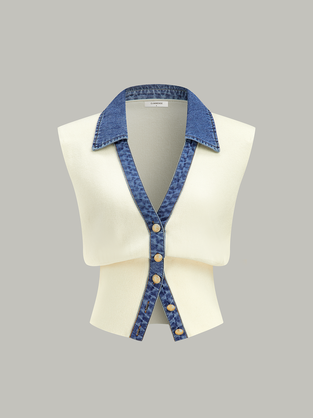 Denim Trim Metal Button Knit Vest-Chicvia