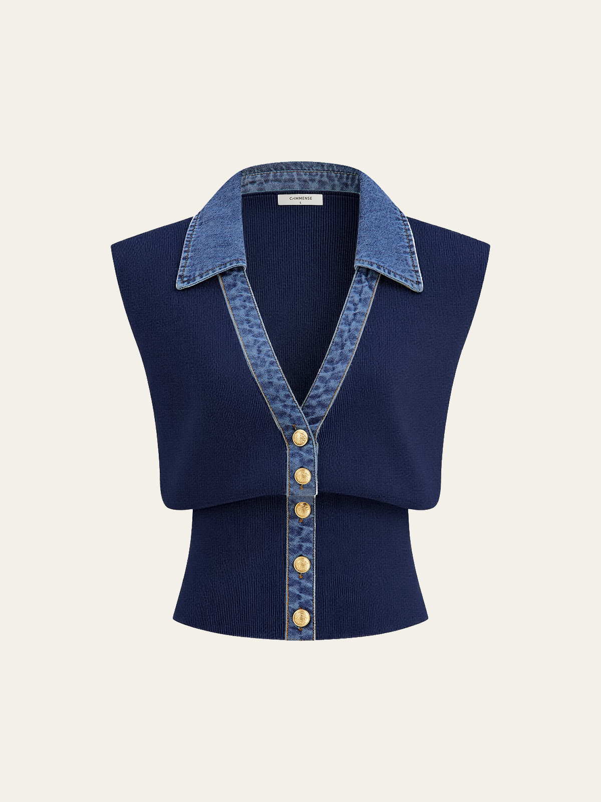 Denim Trim Metal Button Knit Vest-Chicvia
