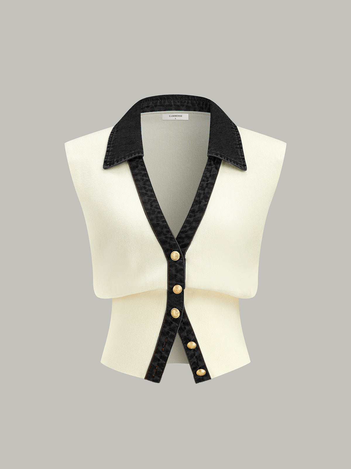 Denim Trim Metal Button Knit Vest-Chicvia