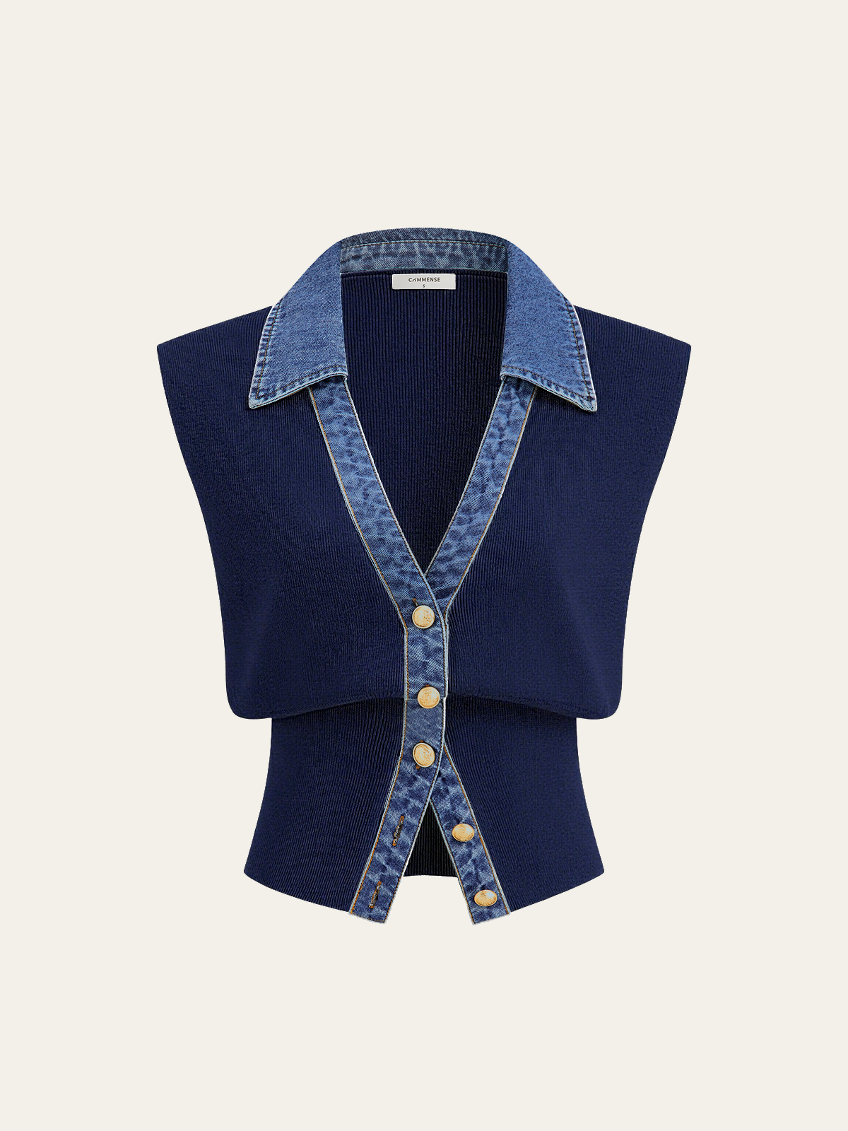 Denim Trim Metal Button Knit Vest-Chicvia