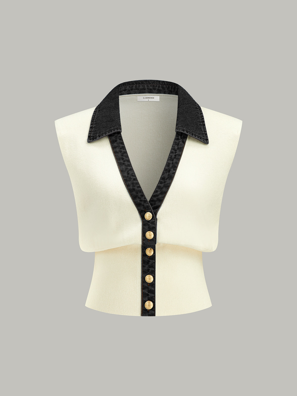 Denim Trim Metal Button Knit Vest-Chicvia