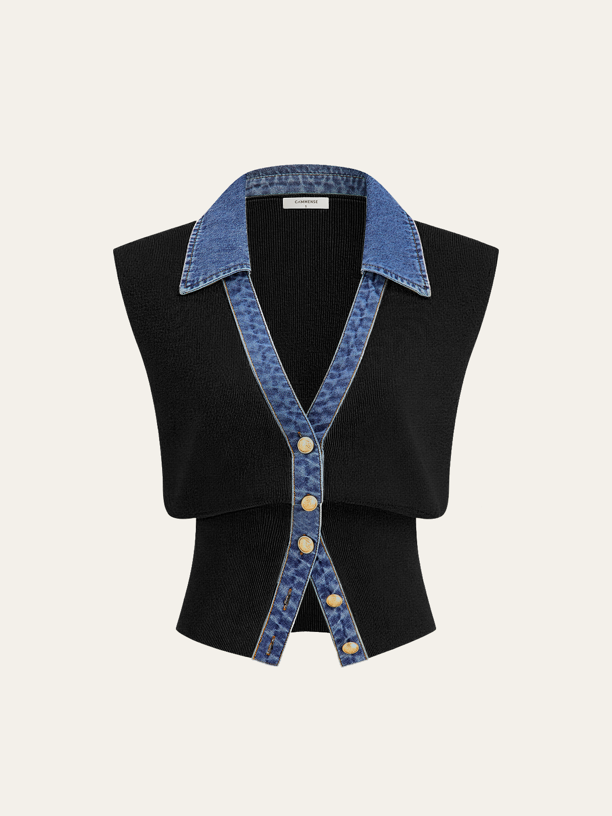 Denim Trim Metal Button Knit Vest-Chicvia