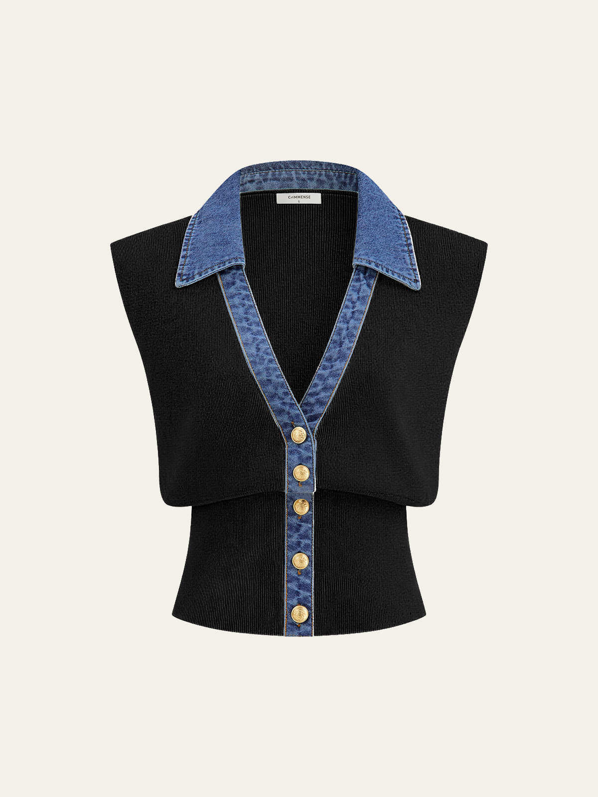 Denim Trim Metal Button Knit Vest-Chicvia
