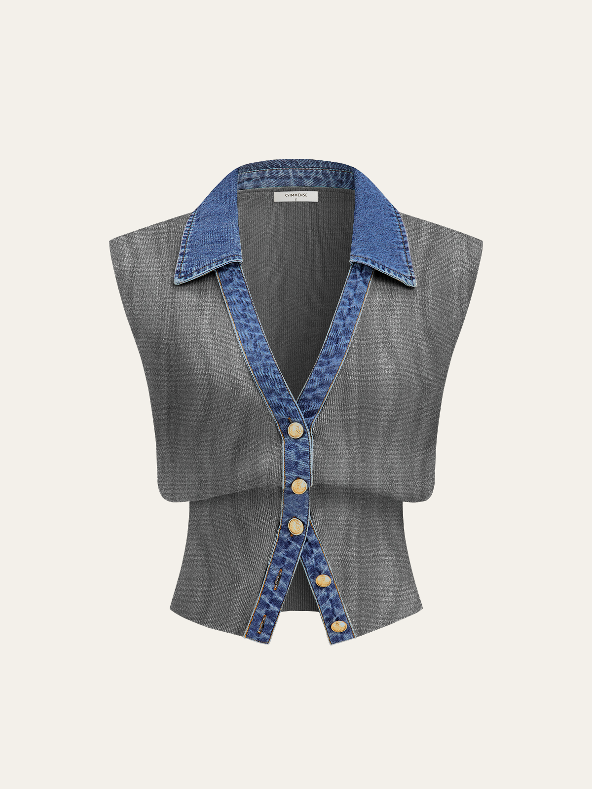 Denim Trim Metal Button Knit Vest-Chicvia