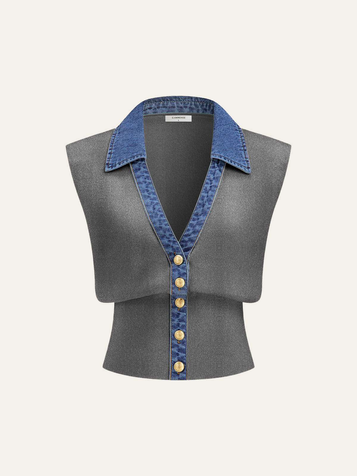 Denim Trim Metal Button Knit Vest-Chicvia