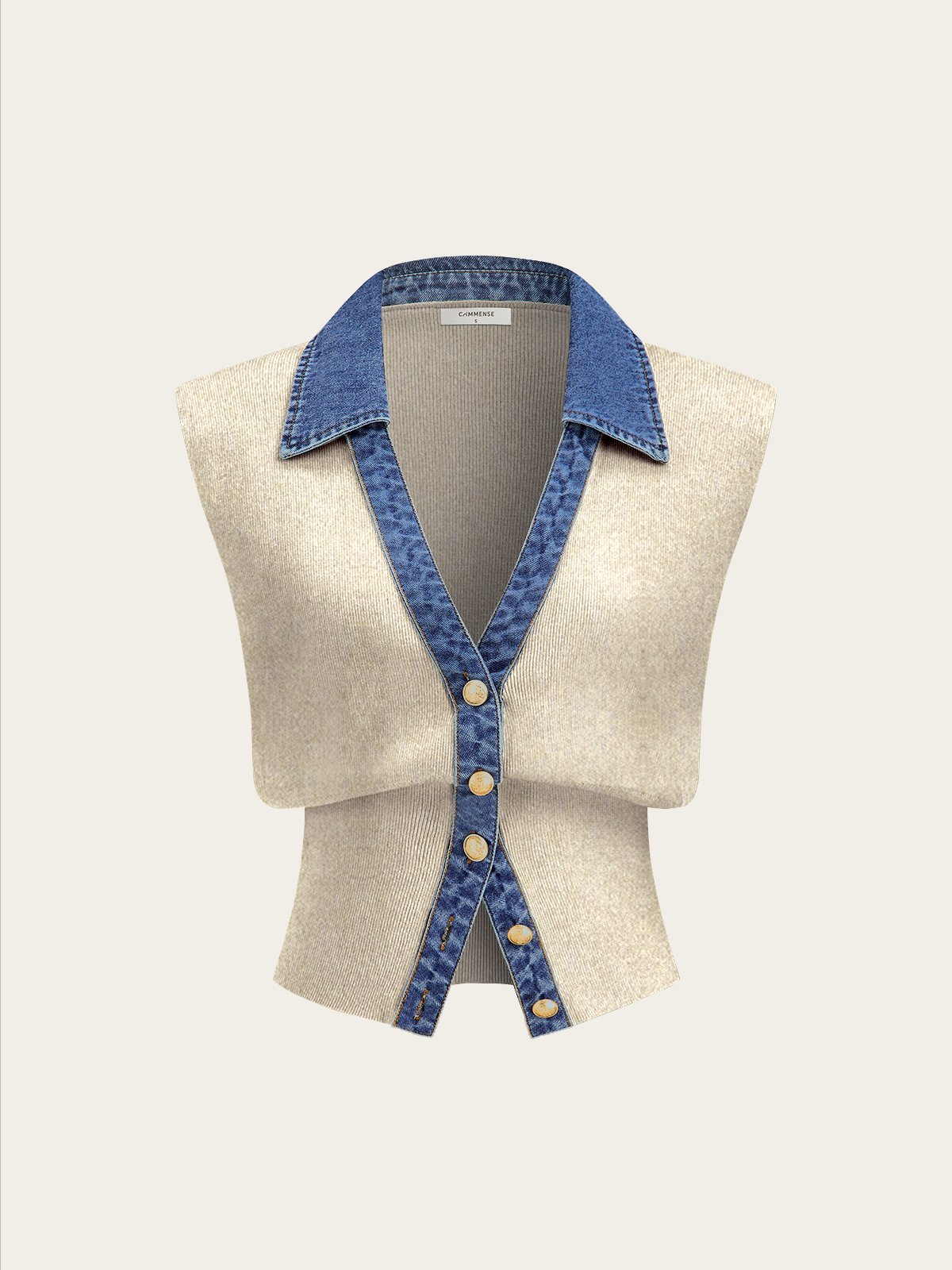 Denim Trim Metal Button Knit Vest-Chicvia