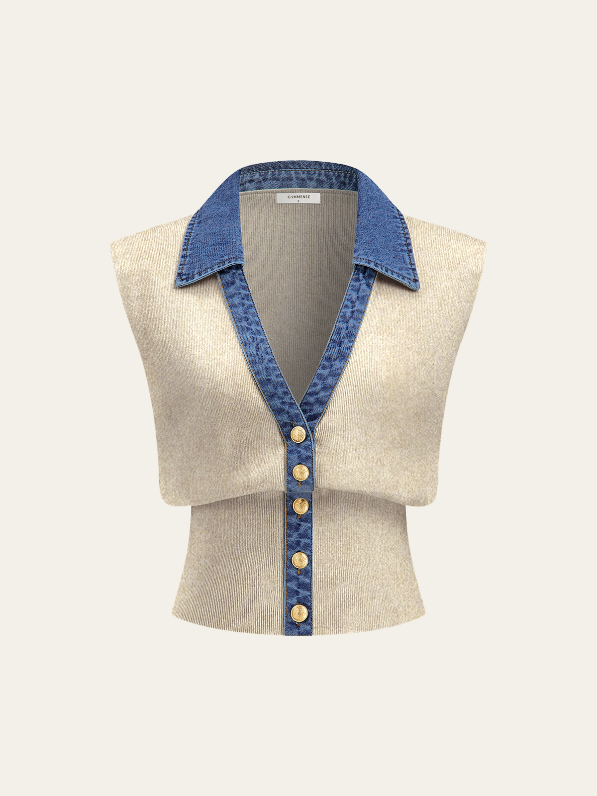 Denim Trim Metal Button Knit Vest-Chicvia