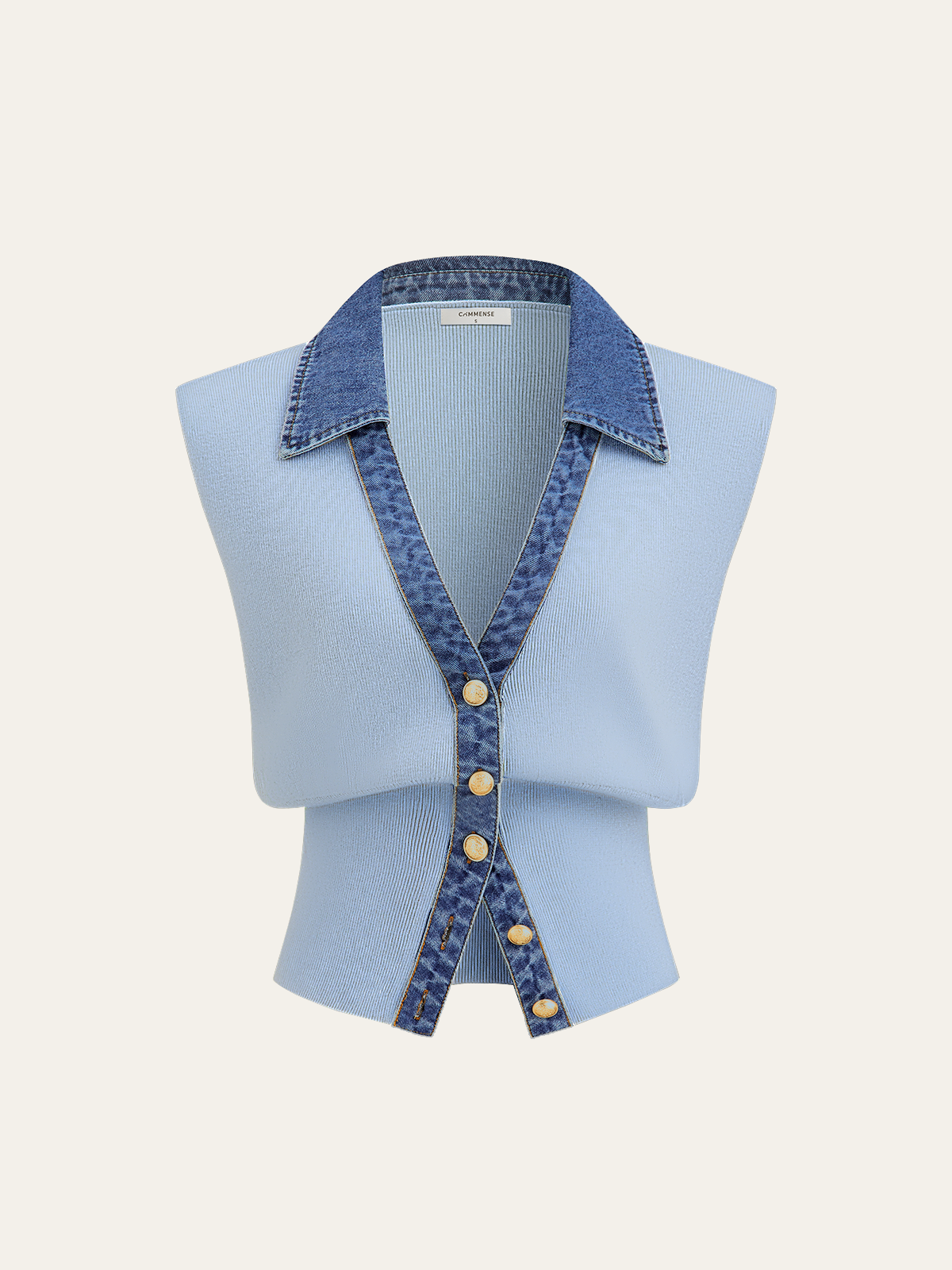 Denim Trim Metal Button Knit Vest-Chicvia