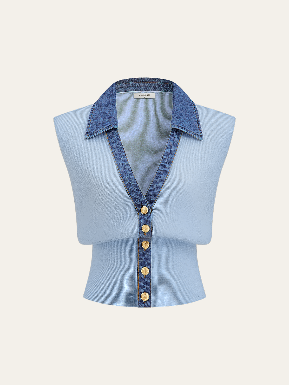 Denim Trim Metal Button Knit Vest-Chicvia
