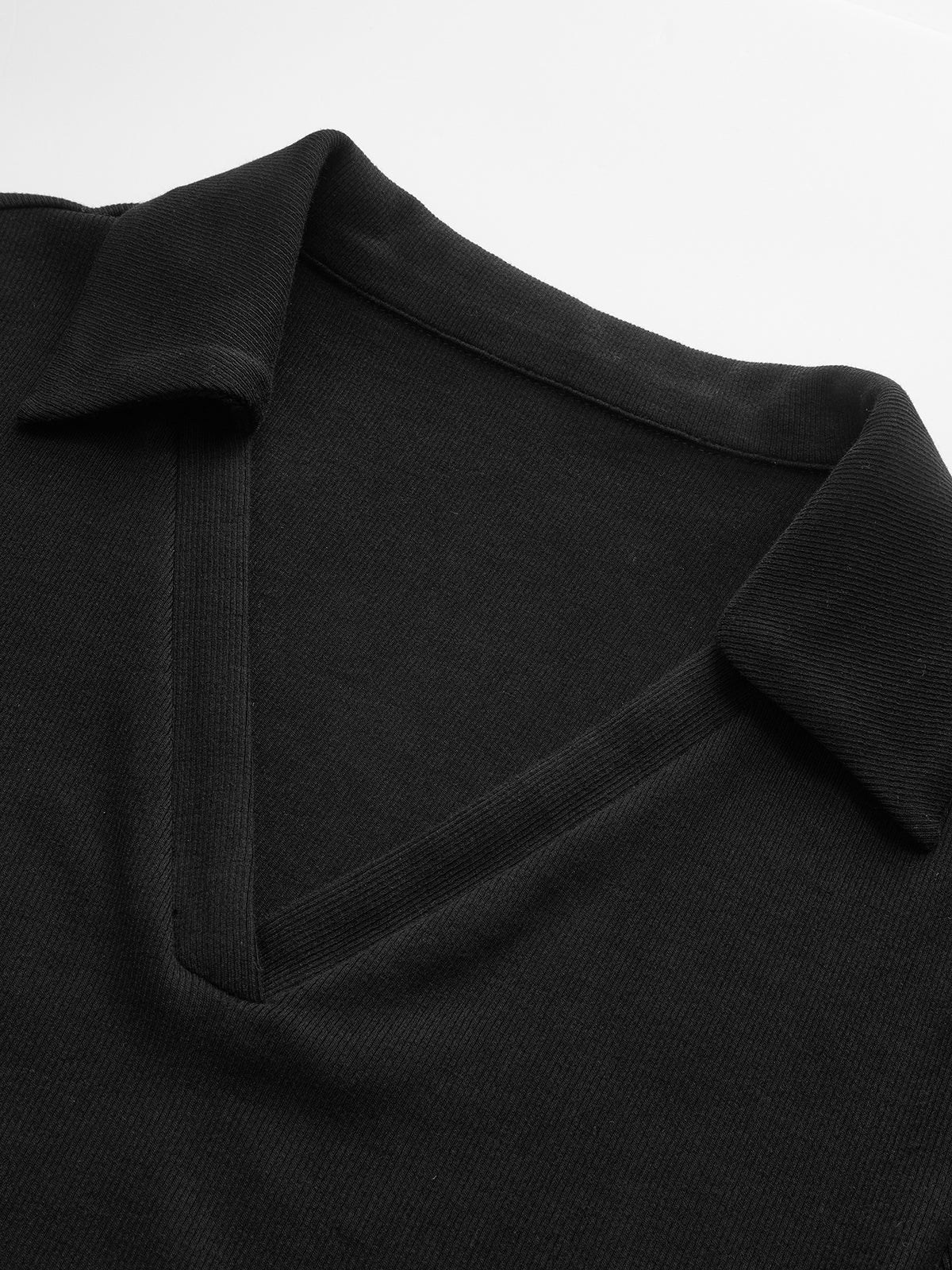 Polo V-Neck Ribbed Cotton Blend T-Shirt-Chicvia