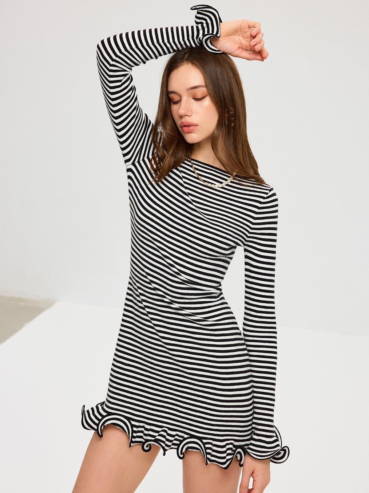 Long Sleeve Striped Ruffle Hem Mini Dress-Chicvia