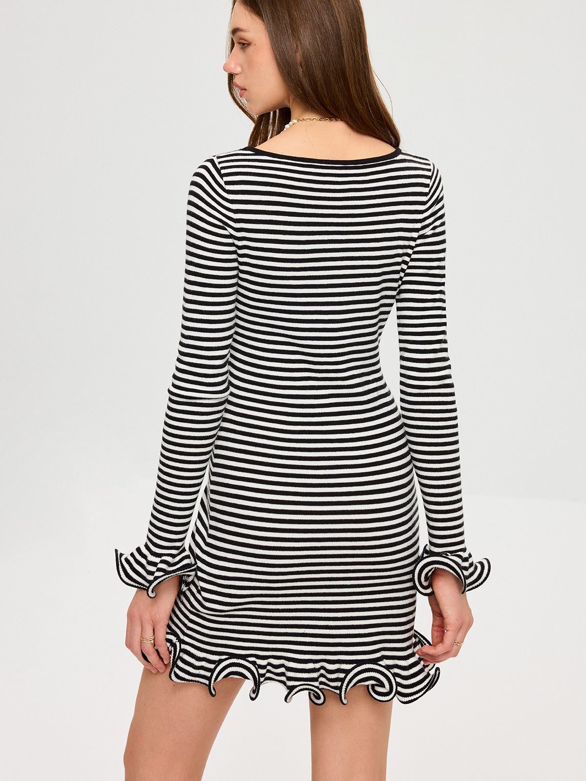 Long Sleeve Striped Ruffle Hem Mini Dress-Chicvia