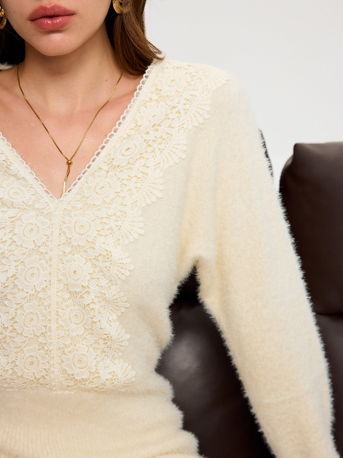 Lace Detail V-Neck Fuzzy Knit Mini Dress-Chicvia