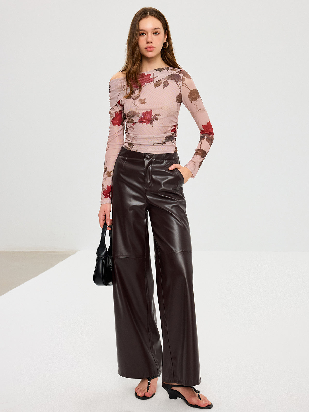 Floral Print Off-Shoulder Mesh T-Shirt-Chicvia