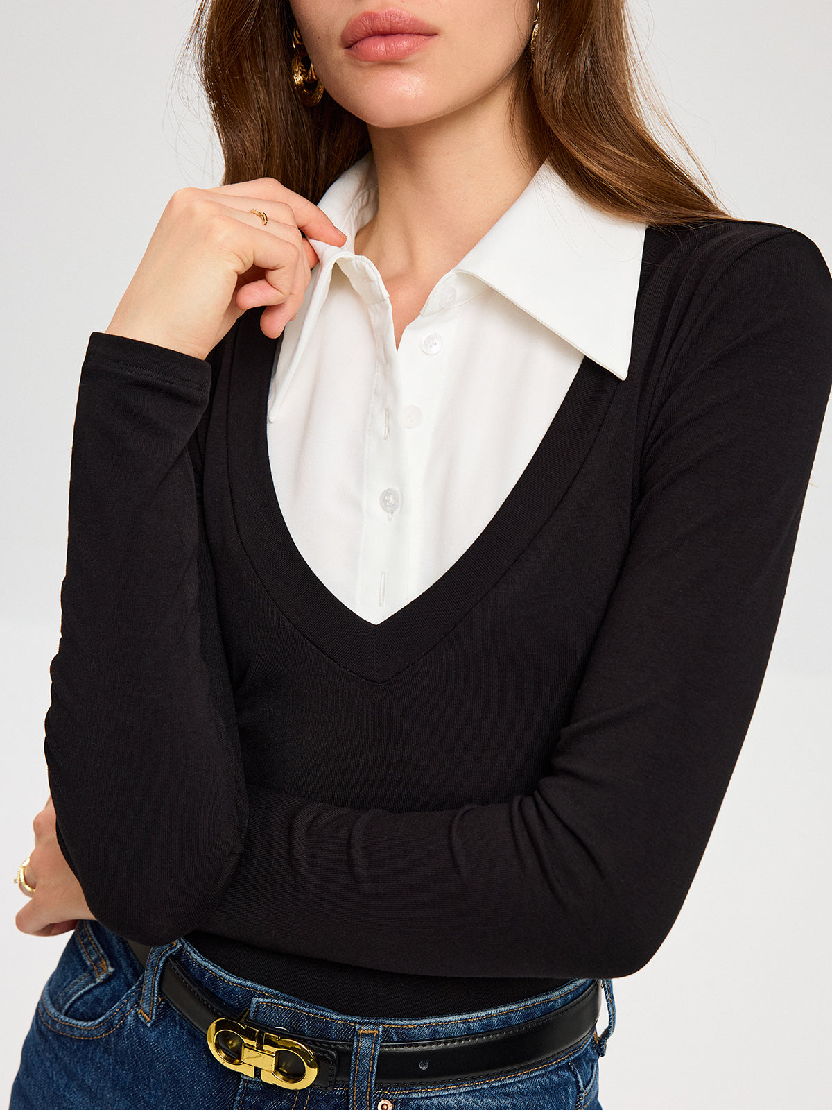 High-Stretch Contrast Shirt Collar Knit Bodysuit-Chicvia