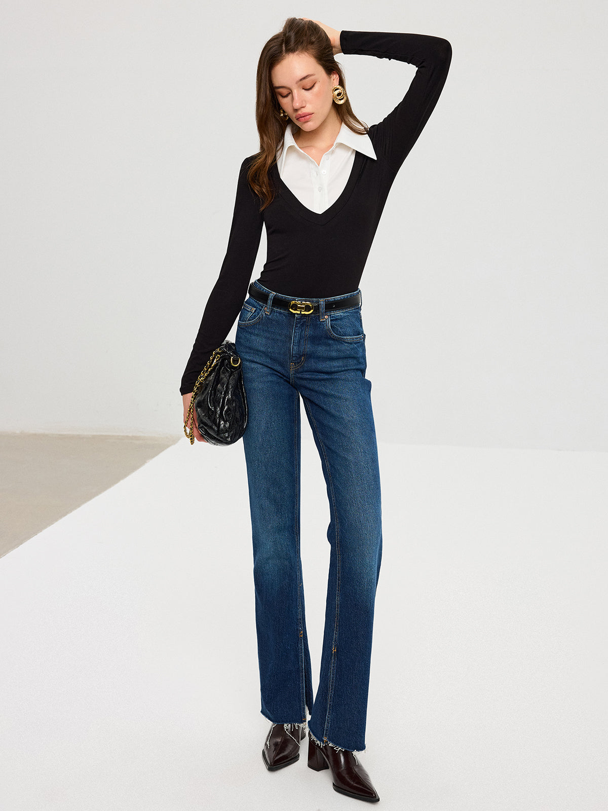High-Stretch Contrast Shirt Collar Knit Bodysuit-Chicvia