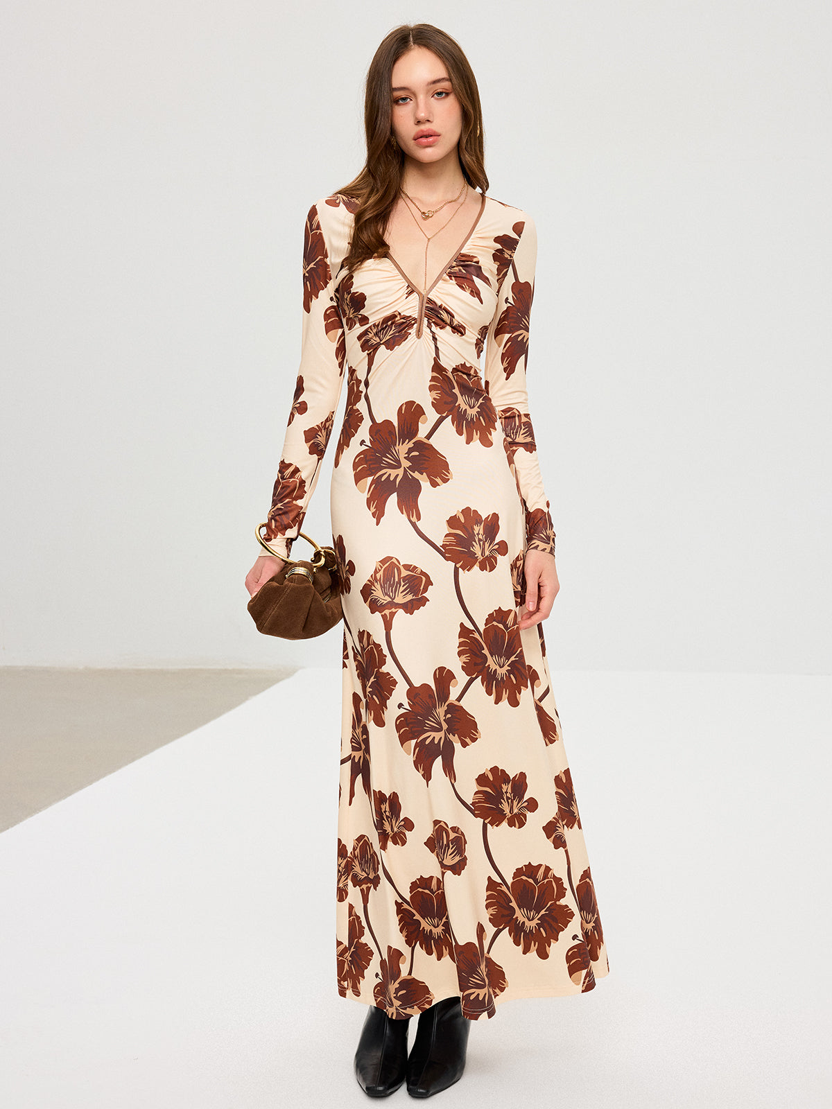 Floral Print V-Neck Maxi Dress-Chicvia