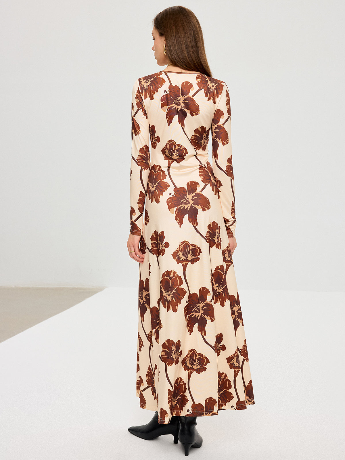 Floral Print V-Neck Maxi Dress-Chicvia