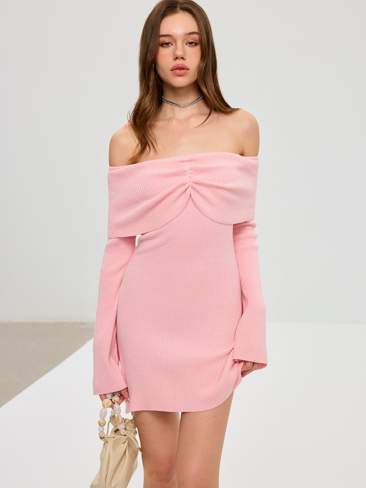 Off-Shoulder Bell Sleeve Wool Blend Mini Dress-Chicvia