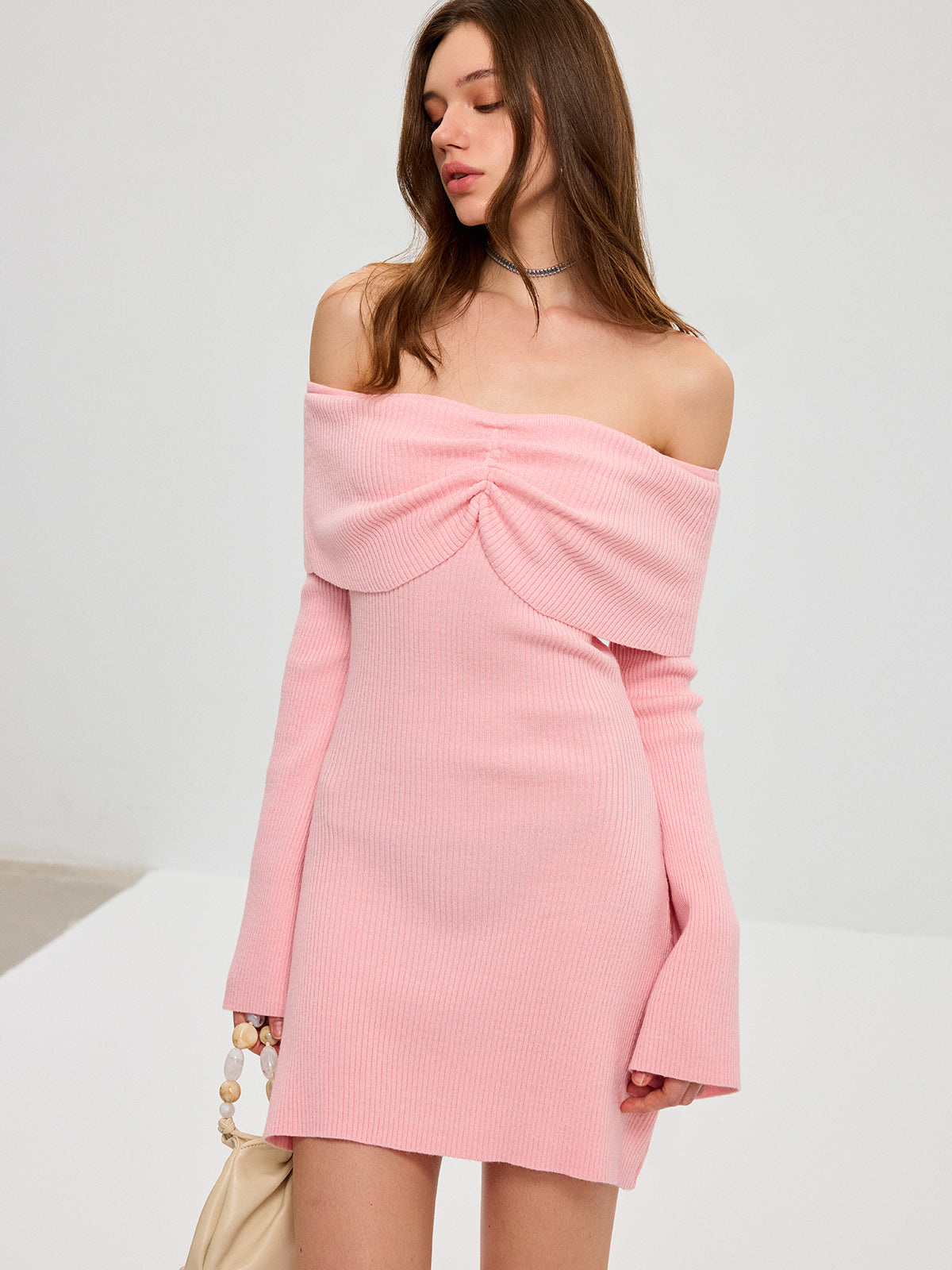 Off-Shoulder Bell Sleeve Wool Blend Mini Dress-Chicvia